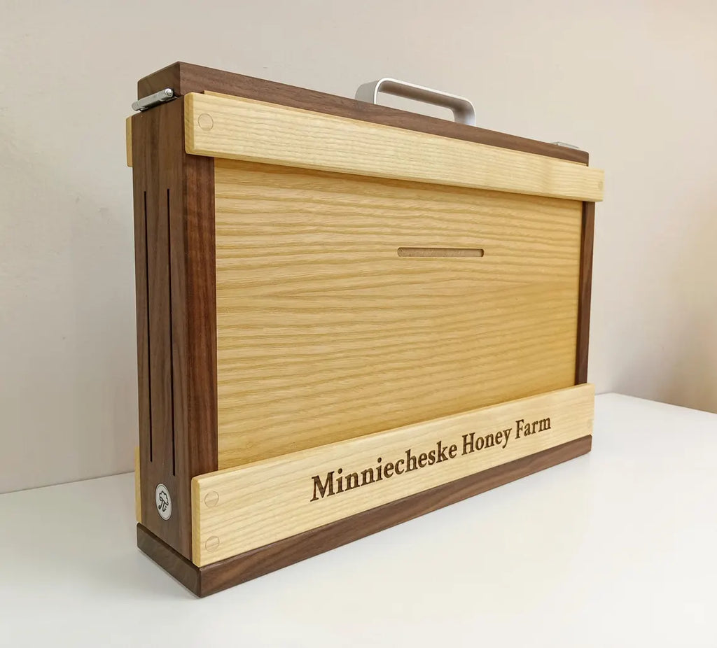 Single frame observation hive front view, wood finish in Ash and Walnut