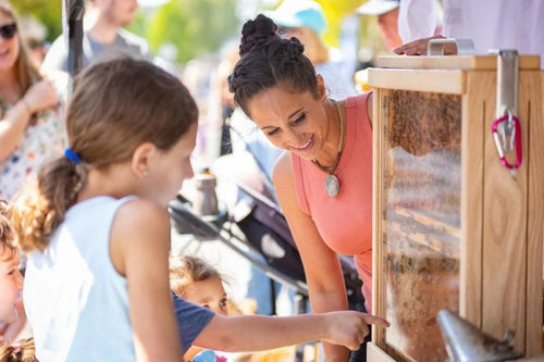Woman and child interacting with a wooden observation hive at an outdoor event.